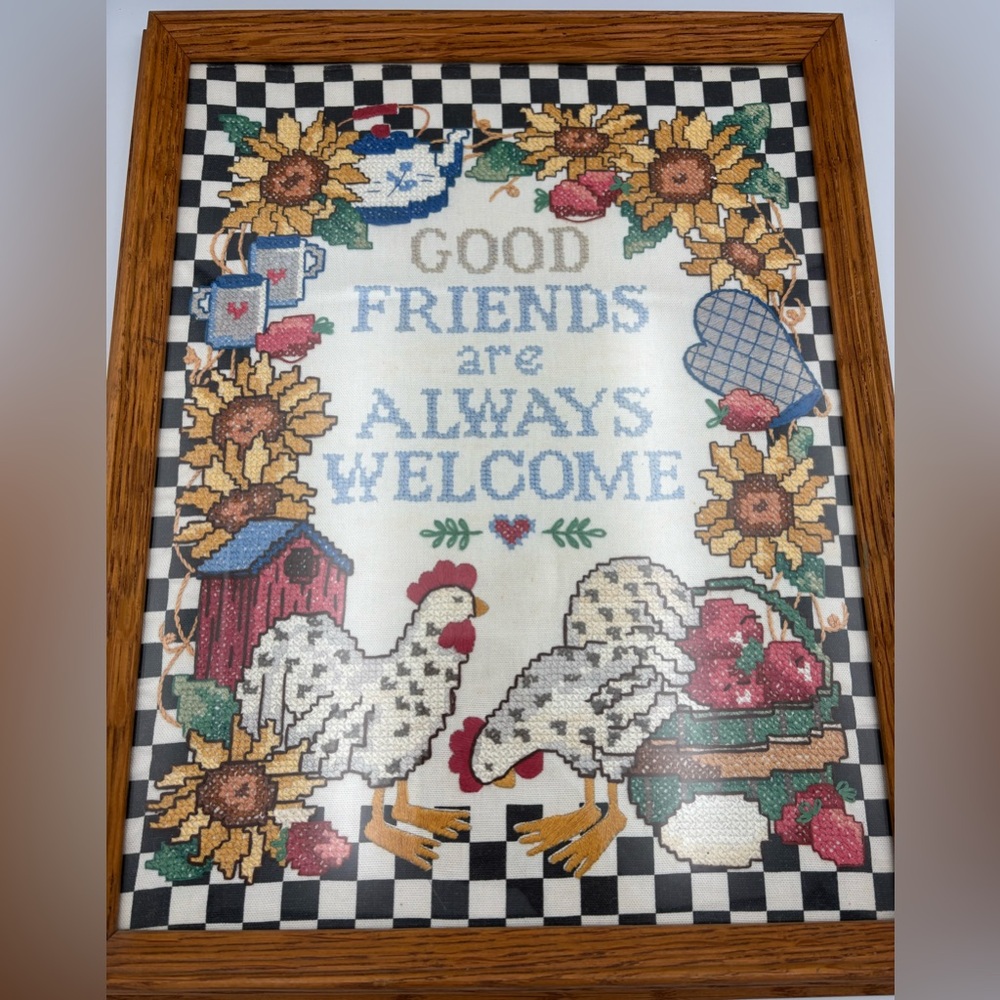 Vintage Completed Counted Cross Stitch Friends are Always Welcome Art Farmhouse